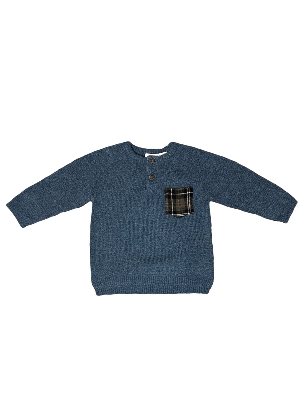 Zara Blue Knit Henley Sweater with Plaid Pocket